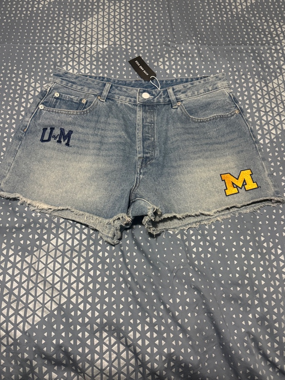 Denim Frayed Hem University Patch Women’s Shorts - Light Blue